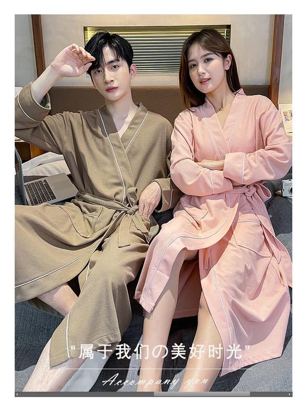 Product Introduction of Four Seasons Nightgown for Men and Women Spring and Summer Couple One Male and One Female Hotel Beauty Salon Waffle Pure Cotton Bathrobe 9