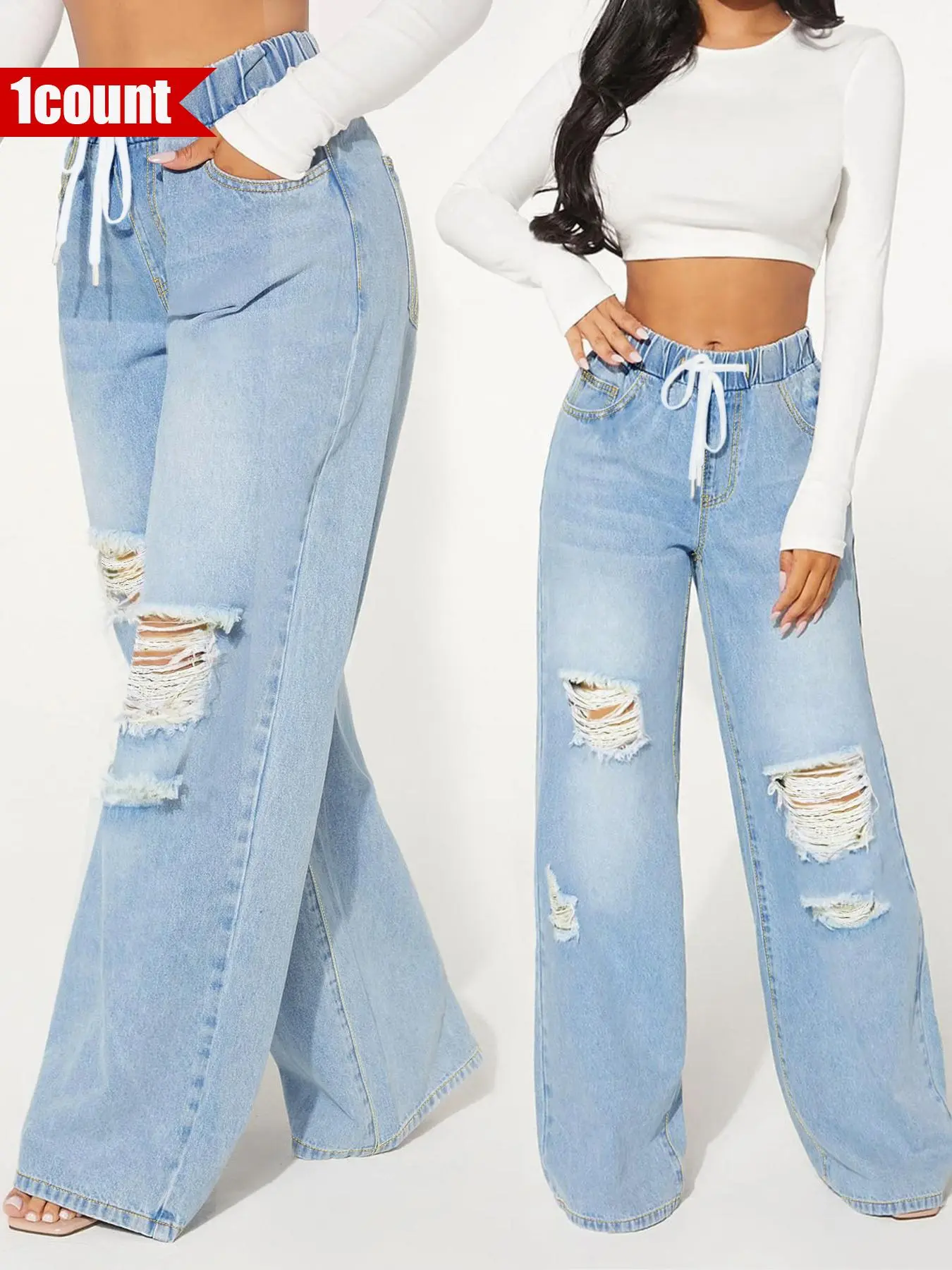 【Plus Size】Ripped Drawstring Waist Wide Leg Jeans, Casual Pocket Design Baggy Jeans for Daily Wear, Women's Bottoms for All Seasons