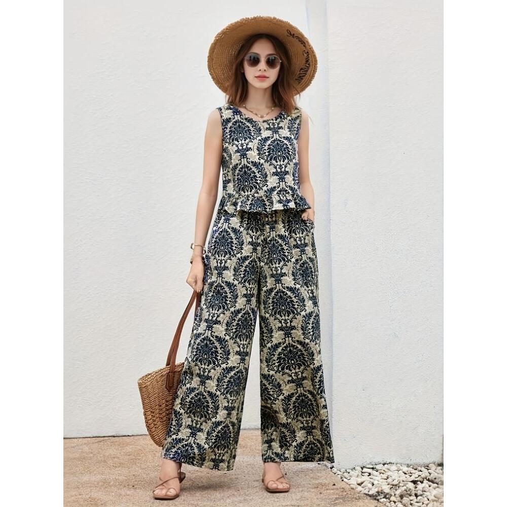 FADFAD Setelan Dua Potong Palsu Atasan Lengan Pendek Kerah V+ Celana Panjang Gaya Korea Terbaru