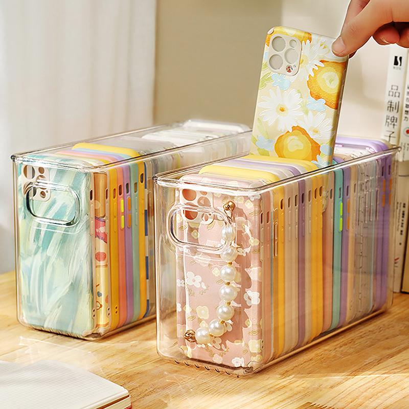 Product Introduction of Ins Transparent Phone Case Organizer Storage Box Desktop Acrylic Sundries Storage Basket Cosmetics Small Rack Light Plastic 21