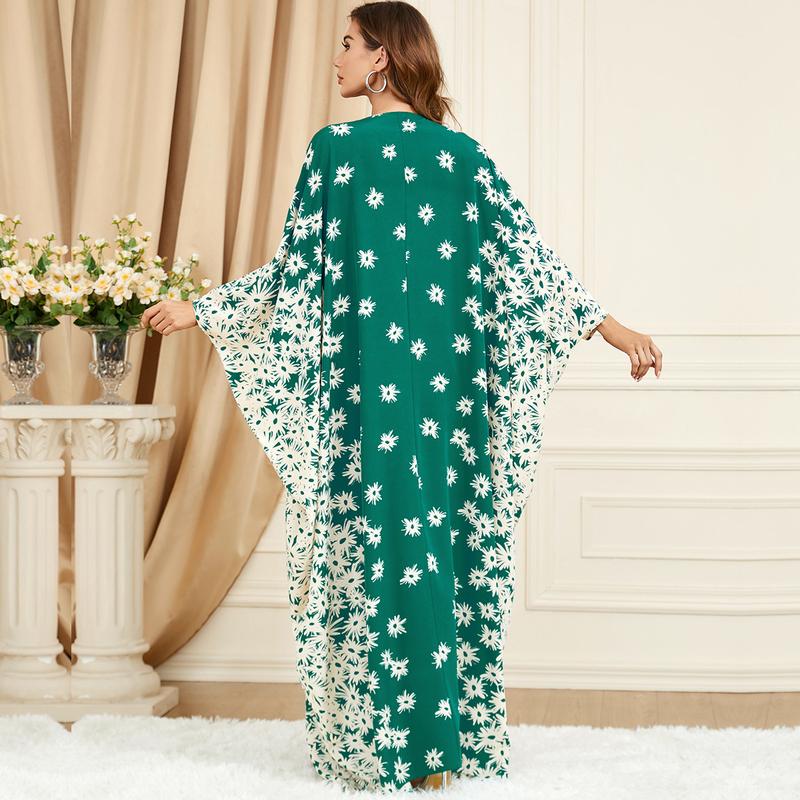 3421 Muslim Middle East Discount Fashion Clothing Green Batwing Sleeve Loose Fashion plus Size Dress 3