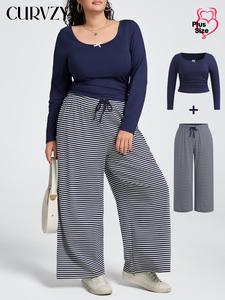 CURVZY Plus Size Two-Piece Set Plain Scoop Neck Tee & Striped Print Wide Leg Pants Set, Casual Long Sleeve Top & Trousers Set for Daily Wear, Women's Two-piece Outfits for All Seasons