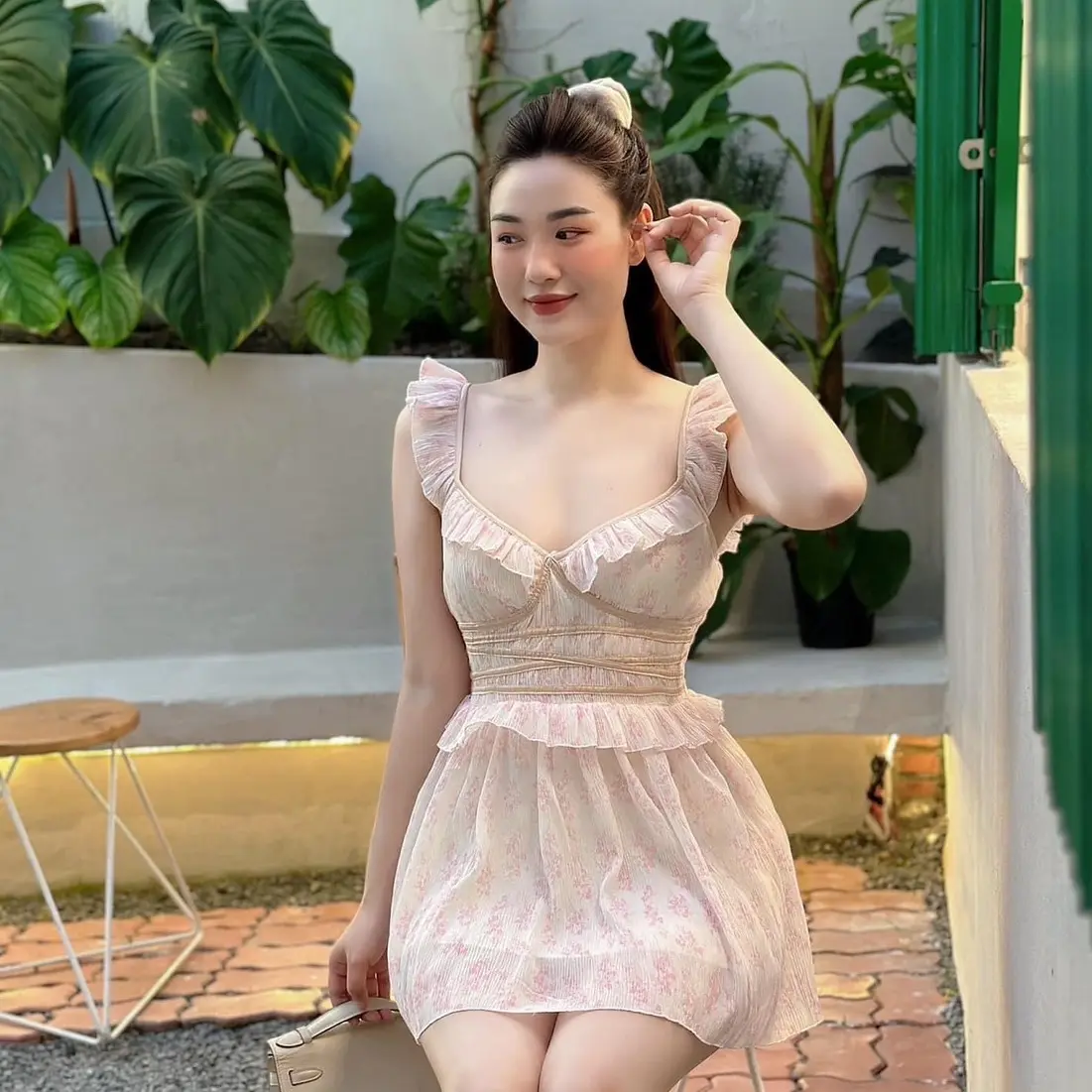 Váy tiểu thư tay bèo có quần bảo hộ màu xanh tôn da