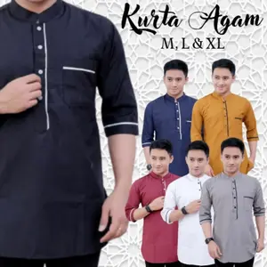 Koko Kurta - Koko Agam - Kurta Dewasa lengan 3/4 - Baju Muslim Pria Polos kain nyaman katun Toyobo