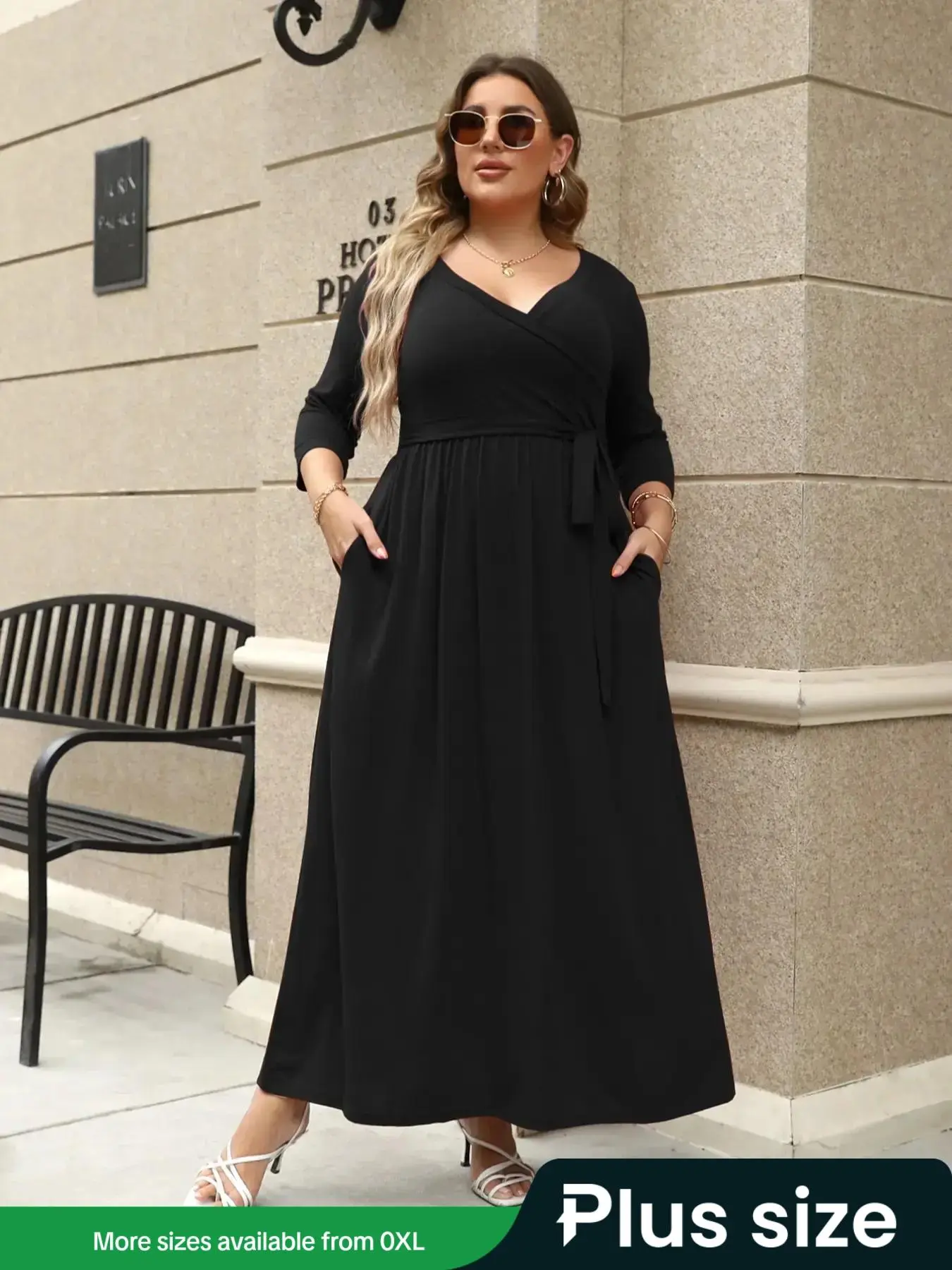 【Plus Size】 Solid Wrap V Neck Belted A Line Dress, Casual 3/4 Sleeve Long Dress for Spring & Fall, Women's Clothes for Daily Wear