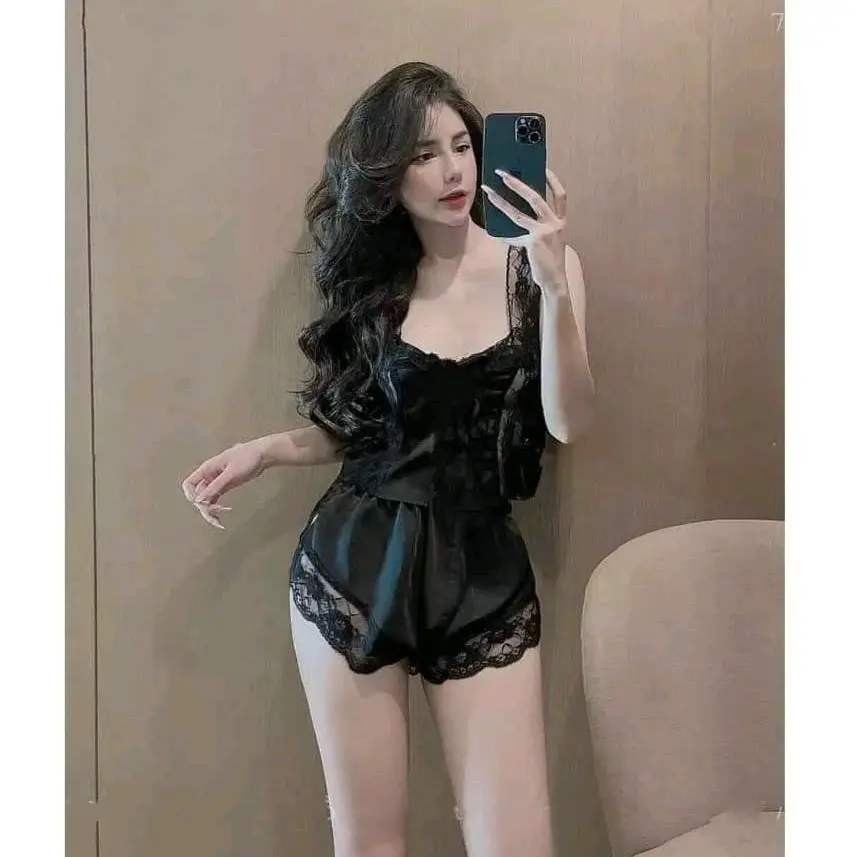 Set Đồ Ngủ Nữ Quần Đùi Áo Yếm Vải Phi Lụa Mịn Mát Phối Ren Mi Cứng, Form Dưới 57kg (Tuỳ Chiều Cao)   bộ ngủ Nhung Tua Rua