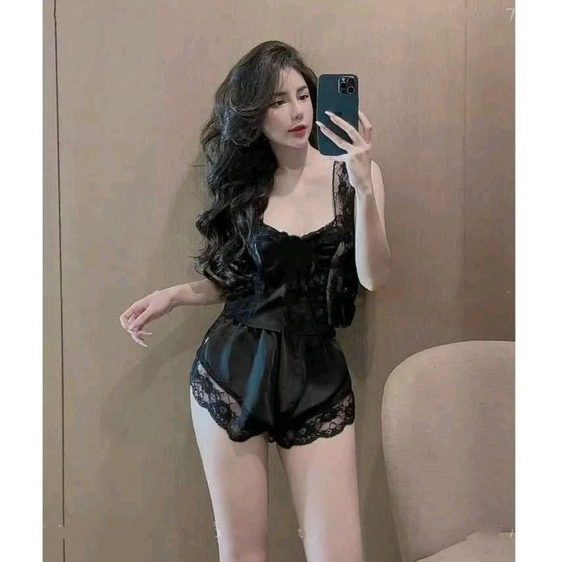 Set Đồ Ngủ Nữ Quần Đùi Áo Yếm Vải Phi Lụa Mịn Mát Phối Ren Mi Cứng, Form Dưới 57kg (Tuỳ Chiều Cao) bộ ngủ Nhung Tua Rua