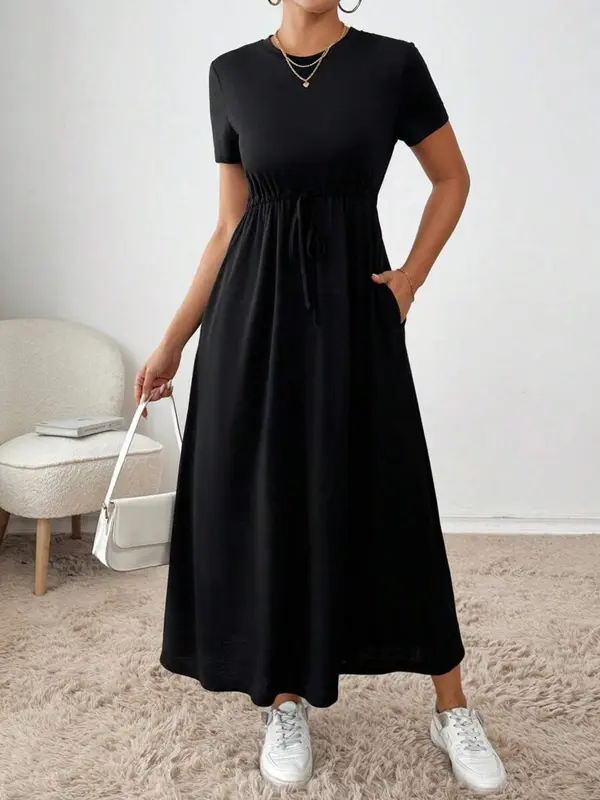 Women's Plain Pocket Dress, Elegant Fashion Casual Round Neck Short Sleeve Dress for Daily Outdoor Wear, Ladies Dress for All Seasons 4