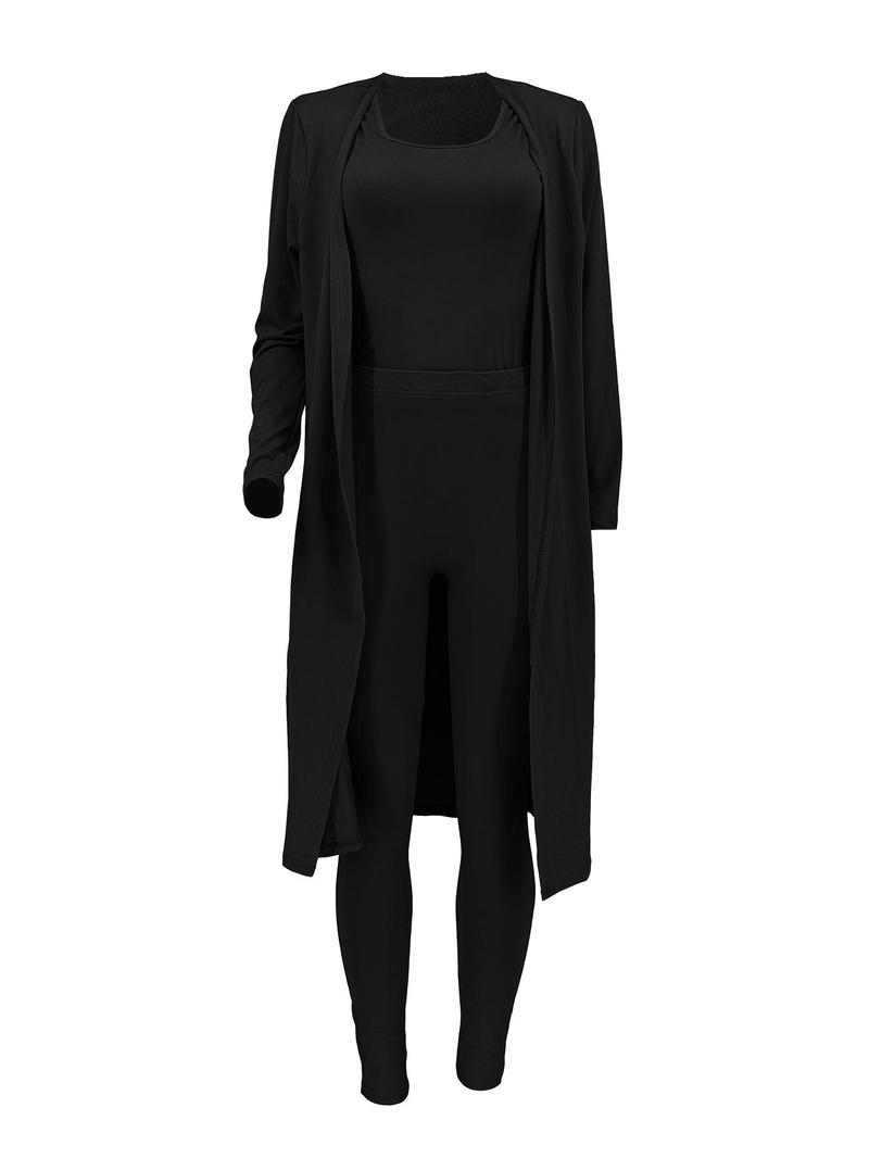 Product Introduction of Women's Solid Tank Top & Pants & Open Front Longline Outwear Three-piece Set, Casual Fashion Cozy Three Piece Outfits for Daily Outdoor Wear, Women Clothes for Fall & Winter 9