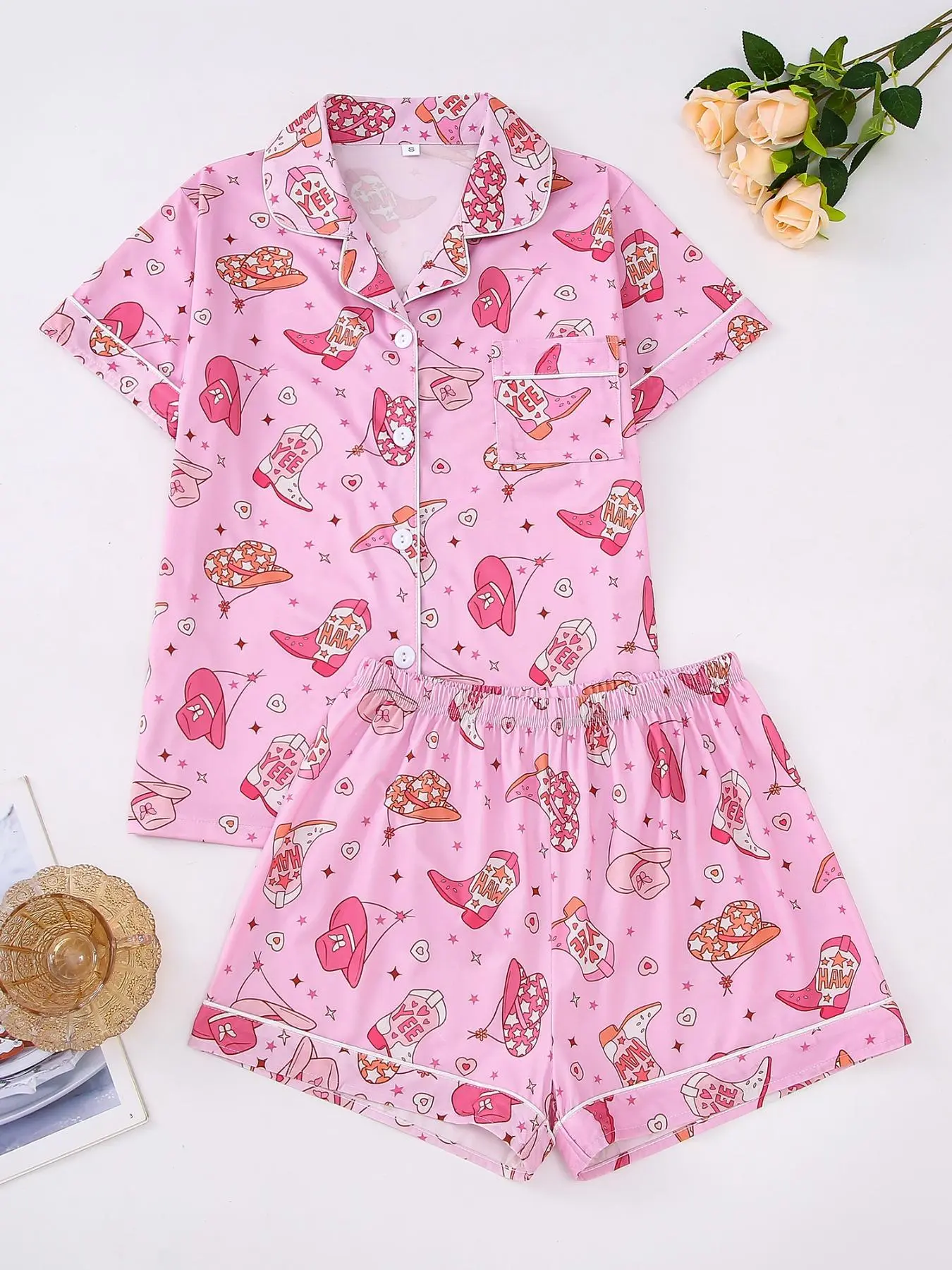Women's All Over Print Lapel Top & Elastic Waist Shorts Pyjama Set, Casual Comfy Short Sleeve Pocket Top & Shorts Pj Set, Ladies Sleepwear for All Seasons Valentine's Day, gift, Pajamas