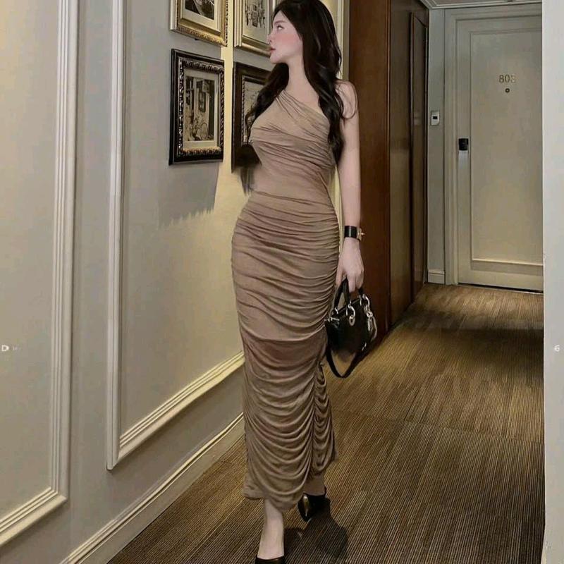 Đầm Sát Nách Lệch Hở Vai - Dài Nhún Hai Bên Hông Ôm Body - đầm ôm body váy dự tiệc váy xinh đầm nữ Women Dress Thun