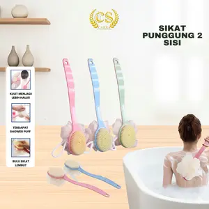 Sikat Mandi PUNGGUNG DUA SISI SPON DAN JARING LEMBUT GAGANG PANJANG 2IN1 TONGKAT SIKAT GOSOK PEMBERSIH