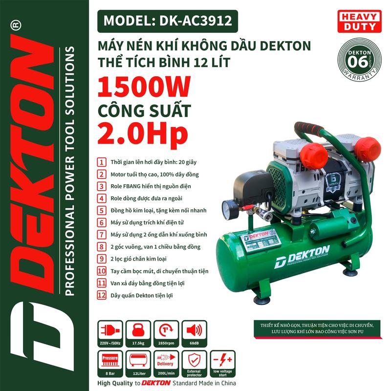 Máy Nén Khí Không Dầu Dekton 2.0HP / DK-AC3912 / Bình 12L / Độ Ồn Thấp /Nạp Hơi Nhanh