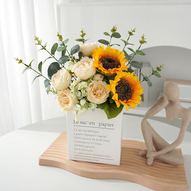 Product Introduction of [Hot sale in stores] Ins Style Sunflower Artificial Flowers Bouquet Home Decor Living Room Desktop Paper Bag Decoration Photo Props 25