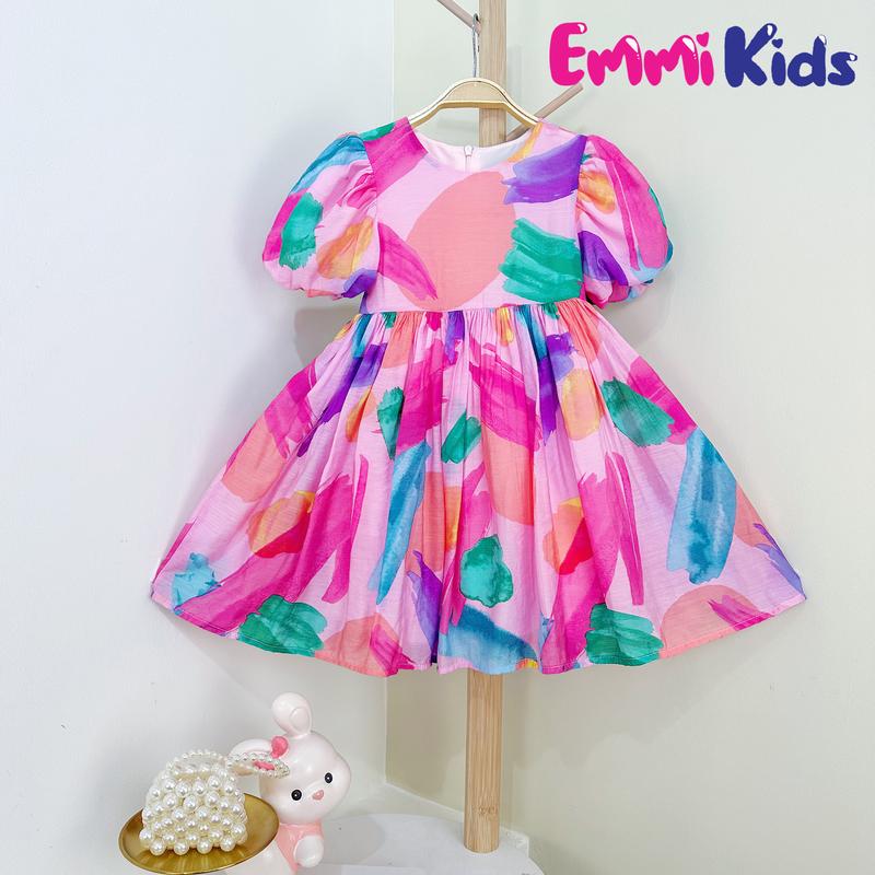 B59 - Emmi Kids Váy cho bé gái hoa nhí Xanh Đỏ , Đầm trẻ em chất tơ bông mềm mại (10-34kg) Tết