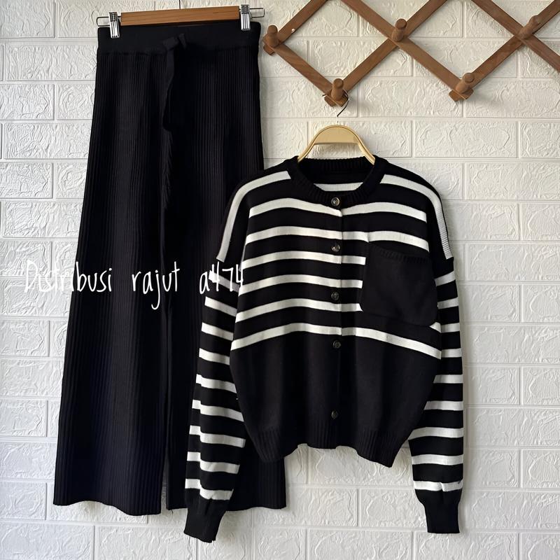 ONESET CARDY RAJUT BANA SAKU SETELAN CELANA KULOT RAJUT WANITA Baju Tangan 0