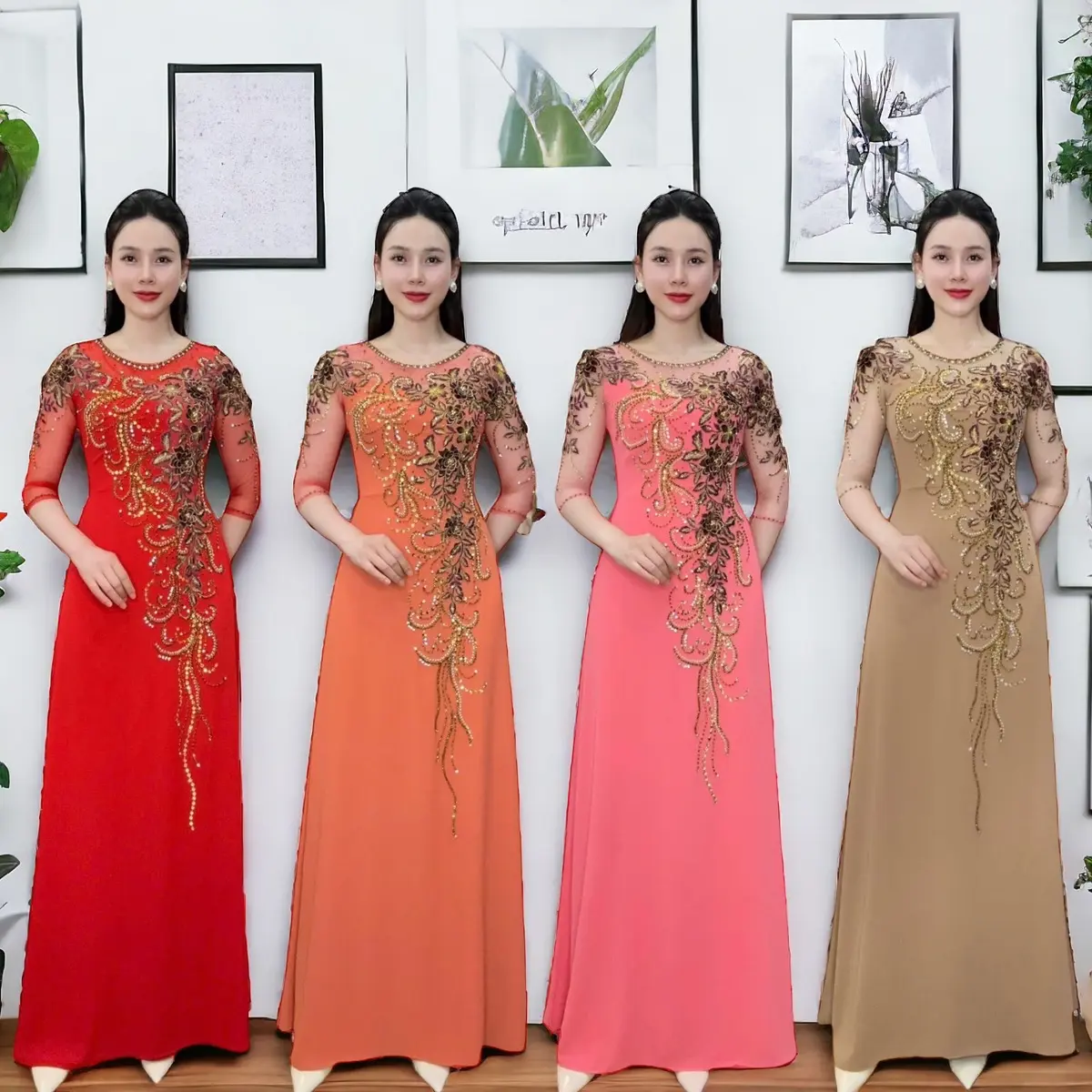 Áo dài dạ hội trung niên cao cấp mã AD79 Nữ Women Nữ Women Nữ Women a odai aodai mau ❧ ✪m☆ ♡ đỏ sang vàng