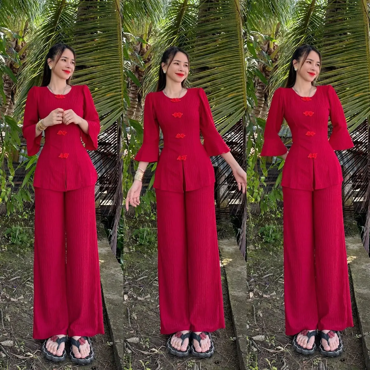 Mã C75 Sét Thun Xốp Cổ Tròn Tay Loe Quần Ống Suôn Mặc Đi Chùa Như Đồ Lam -Mặc ở Nhà Như Bà Ba 3sz 40/82kg
