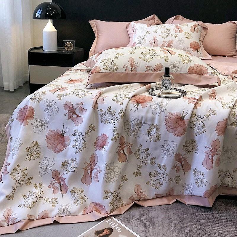 Bộ 5 món Chăn Ga Gối Lụa Thái 6D gồm 1cChăn Trần Bông nhập khẩu 2 áo gối nằm 1 ga chun bọc 1 vỏ ôm mềm mịn mát