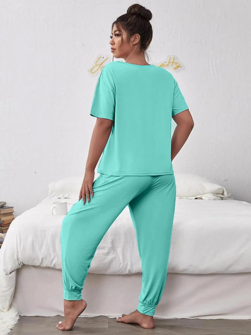 Product Introduction of Plus Size Letter Print Tee & Pants Pyjama, Casual Comfy Round Neck Short Sleeve T-shirt & Trousers PJ Set, Women's Sleepwear for All Seasons 2