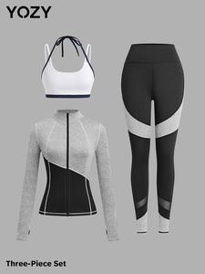 YOZY-GOOO Women's Colorblock Crop Cami Top & Leggings & Top Three-piece Set, Sporty Breathable Outfits for Yoga Gym Workout Running, Ladies Sportswear for All Seasons
