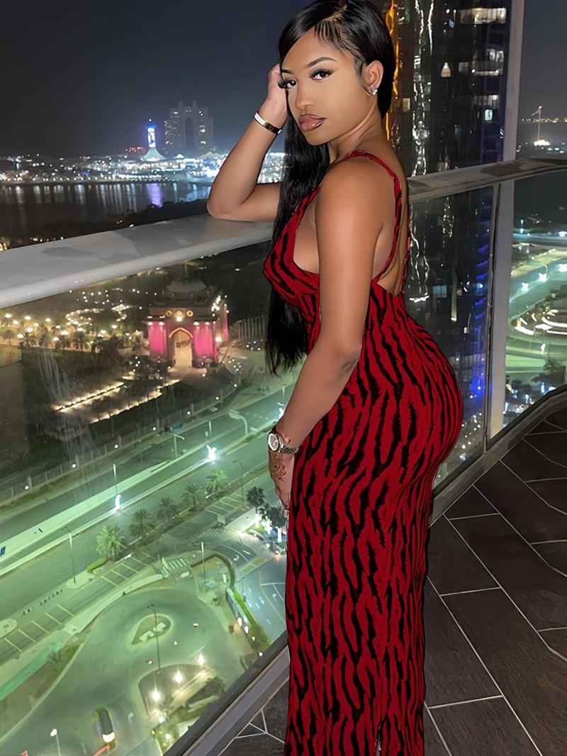 Product Introduction of Women's Zebra Stripe Print Backless Cami Dress, Adjustable Strap Cowl Neck Maxi Dress for Beach Holiday Vacation, Summer Dresses, Ladies Clothes for All Seasons Valentine's Day, gift 7