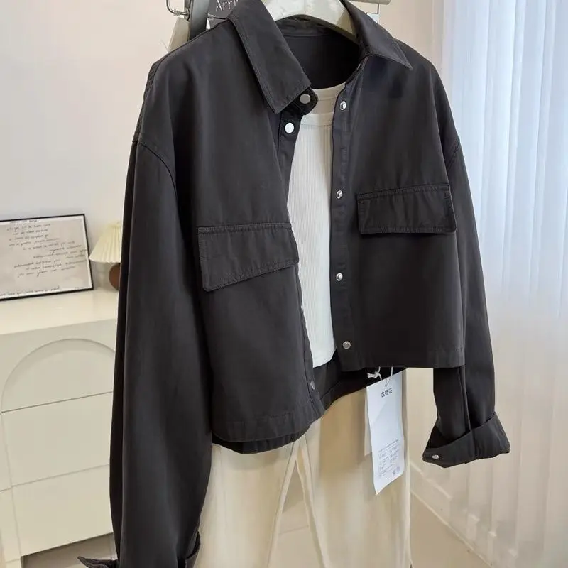 Korean Style Polo Collar Cargo Jacket Women Loose Fit Cropped Versatile Jacket Top Trendy