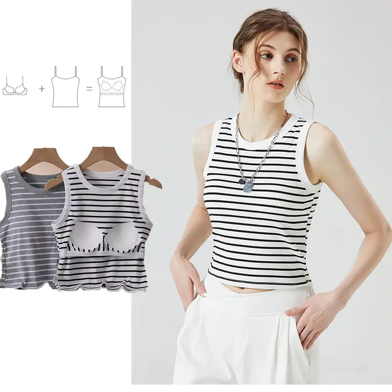 เสื้อกั๊กสปอร์ตบราผู้หญิง 2 in 1, SS24, สต็อกพร้อม, เสื้อยืด BRA-T, ผ้าฝ้ายลายทาง, ไหล่กว้าง, แขนกุด, คัพฐาน, เสื้อกั๊กเสื้อชั้นในแบบชิ้นเดียว