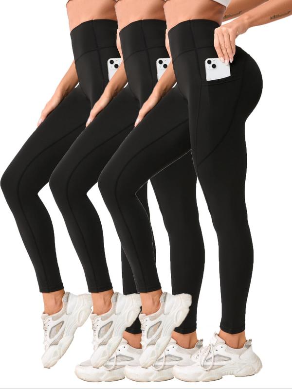 Women's 3pcs Solid High Waist Pocket Sports Leggings, Sporty High Stretch Seamless Skinny Pants for Yoga Gym Workout, Ladies Sportswear Bottoms for All Seasons 1
