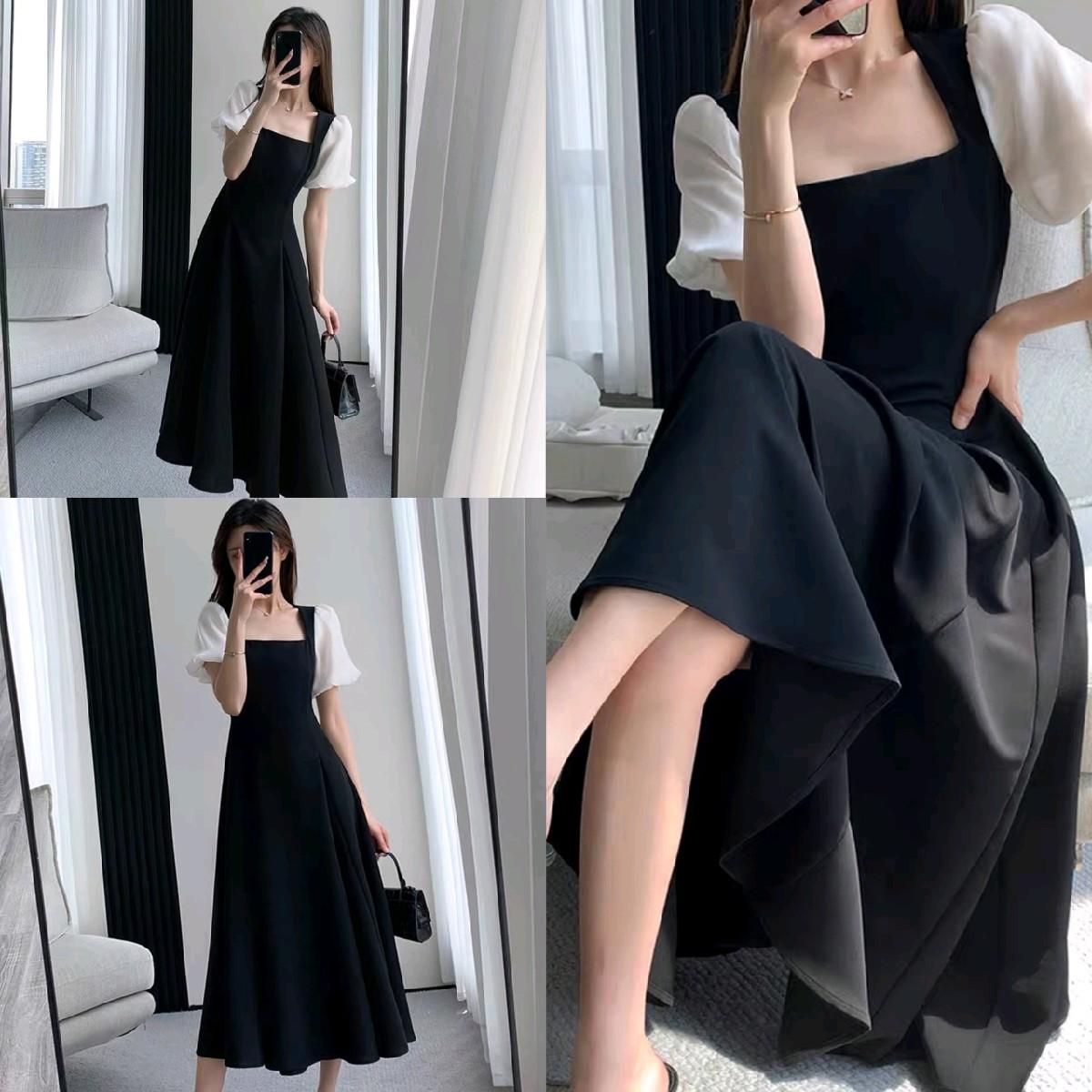 Thời Trang Bigsize Váy Dự Tiệc 50 - 100Kg Dài Cột Dây Chéo Cổ Nữ Cotton Women Dress Đen - A.1056