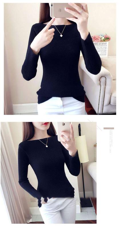 Product Introduction of Spring and Autumn Long Sleeve off Shoulder Top Knitted Bottoming Shirt Women's Underwear Slim Fit Slim Fashionable Sweater Fashionable Outerwear 9