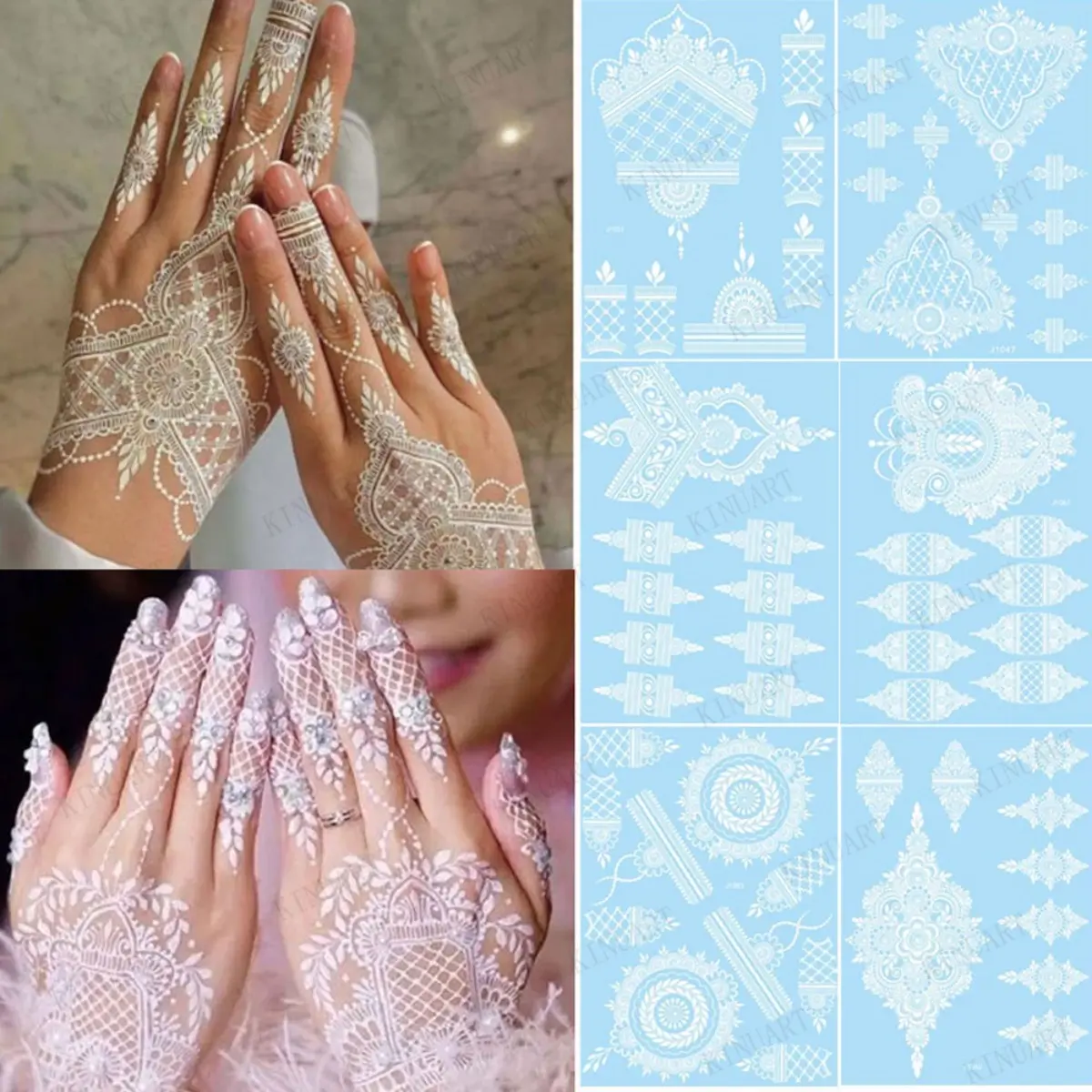 White Color Henna Lace Tattoo Stickers for Hand Waterproof Temporary Tattoos Women Wedding Party Festival Body Art Fake Tattoos