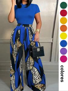 Conjunto de dos piezas para mujer en color sólido, camiseta de manga corta y pantalones de pierna ancha, moda casual cómoda para uso diario y al aire libre, ropa de verano para damas