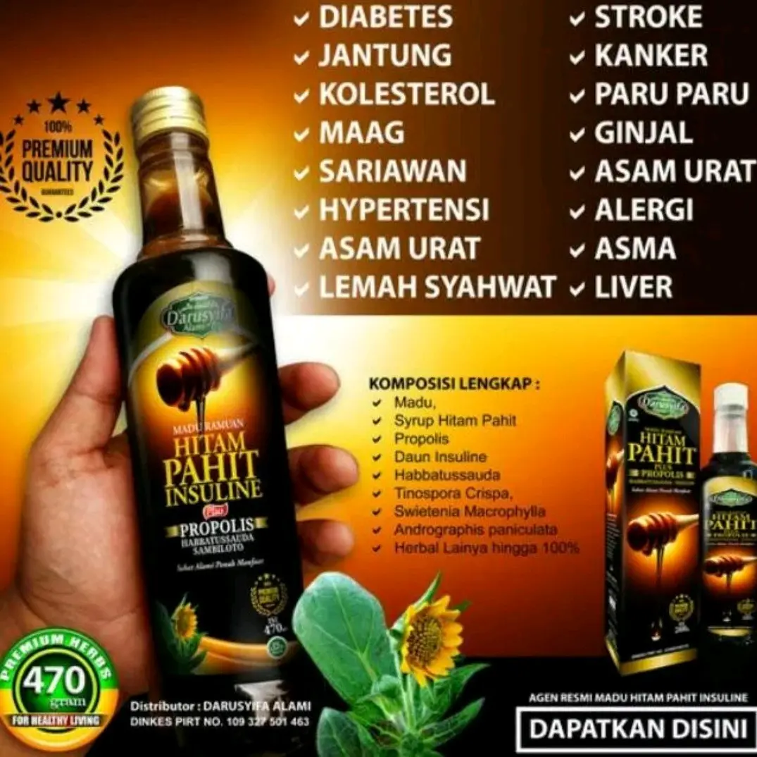[ Paket 2 Botol ] Madu Hitam Pahit Plus Daun Insulin Darusyifa 470 gram