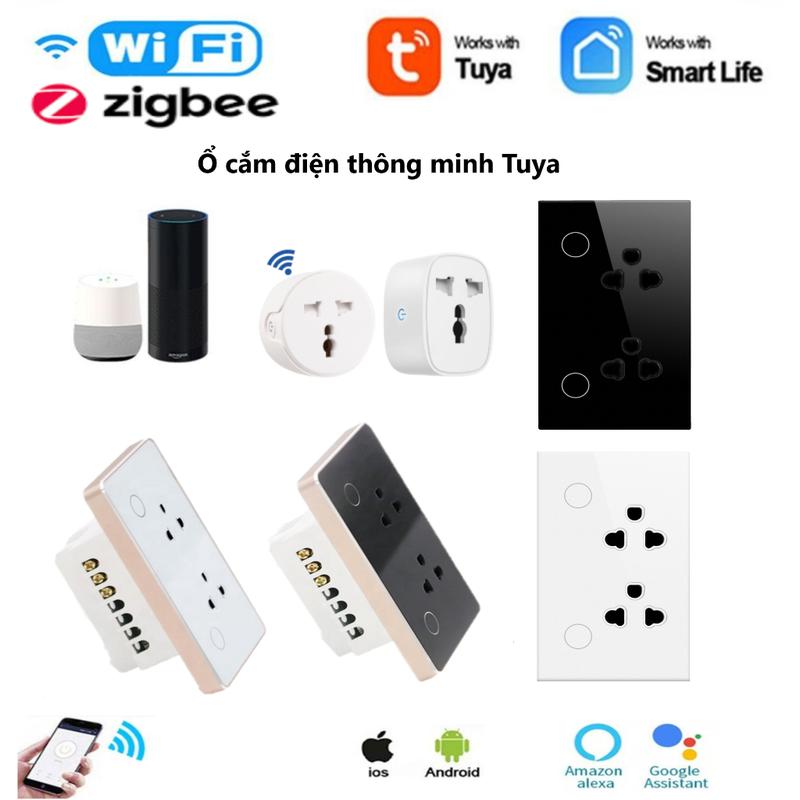Ổ Cắm Điện Thông Minh App Tuya Wifi / Zigbee Mặt Kính Cường Lực Hình Chữ nhật / Vuông, Không viền / Viền Vàng / Ổ cắm 3 Chấu