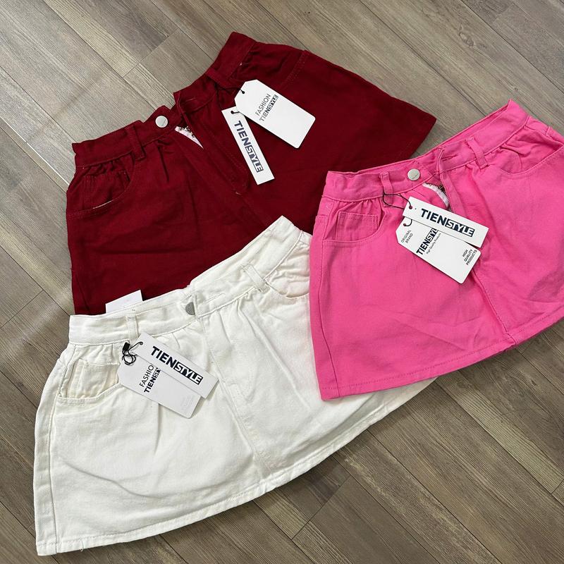 TIENSTYLE_ Chân Váy Jean Ngắn Xoè Bồng Chít Ly Dáng Ngắn 5 Màu Đỏ Hồng Trắng Xanh Không Giãn cho Nữ Full Size 40-75kg Chiều Dài 32-35CM Vải jean QC cotton dày dặn có lót quần
