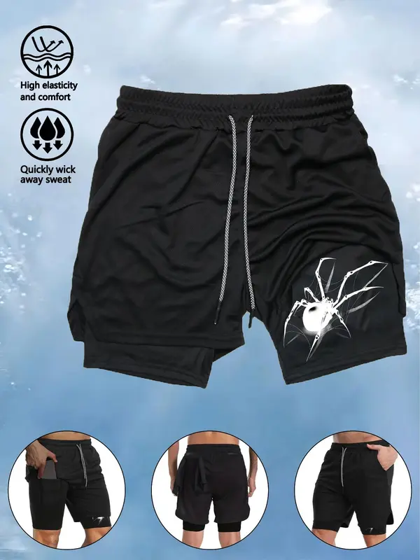 Men's 2 In 1 Spider Print Drawstring Waist Sports Shorts, Casual Regular Fit Pocket Track Shorts for Summer, Gym Shorts, Sport & Outdoor Clothing For Gym Workout Running 0