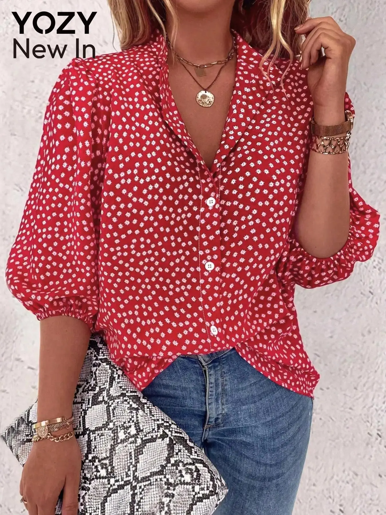 YOZY Women's Ditsy Floral Print Shirt, Casual Bishop Sleeve Top for Daily Wear, Ladies Clothes for All Seasons