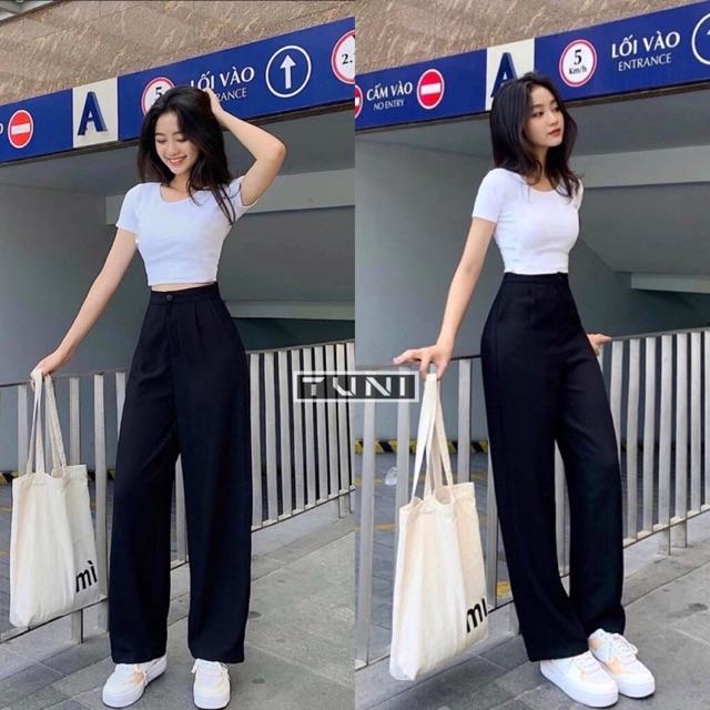 Quần ống rộng suông khoá trước lưng cao 1 khuy quần vải ống rộng nữ vải tuyết mưa dài vừa mặc đi học đi làm công sở đẹp Pants Jean Ong Women