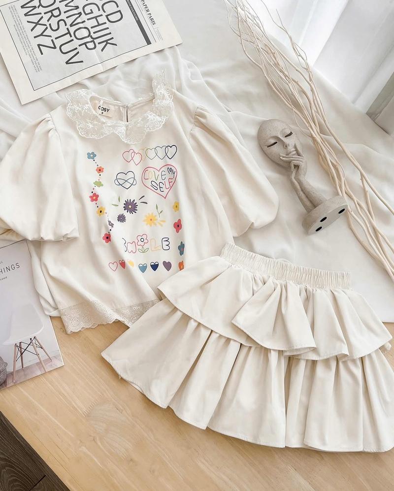 Product Introduction of Set áo linen cổ viền ren tay bồng in hoạ tiết cute phối chân váy xoè tầng cạp chun màu be mùa hè (loại 1) 22