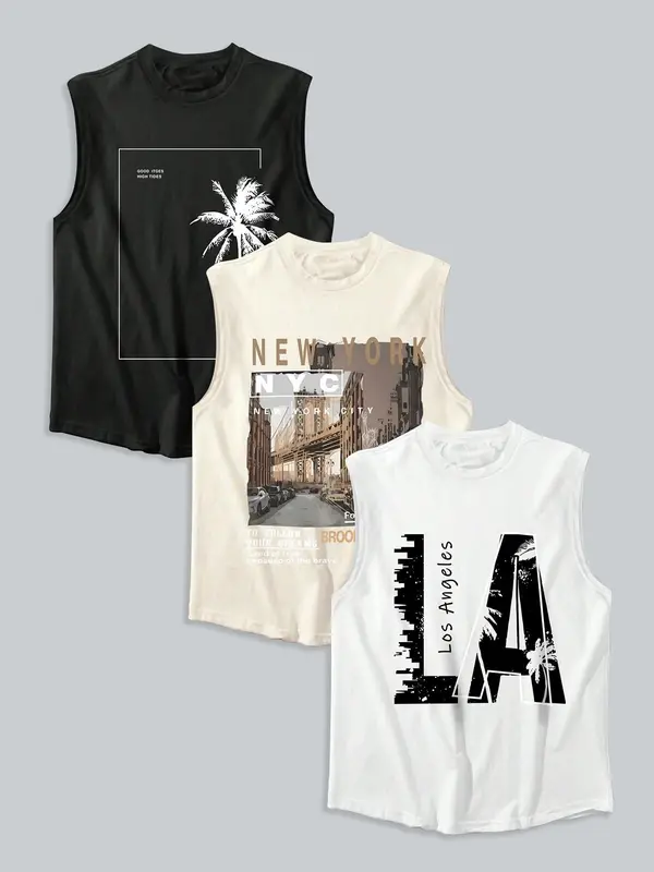 Men's Letter & City & Coconut Tree Print Tank Top, Regular Fit Casual Sleeveless Round Neck Top for Summer, Men's Top for Daily Wear, Clothing 0