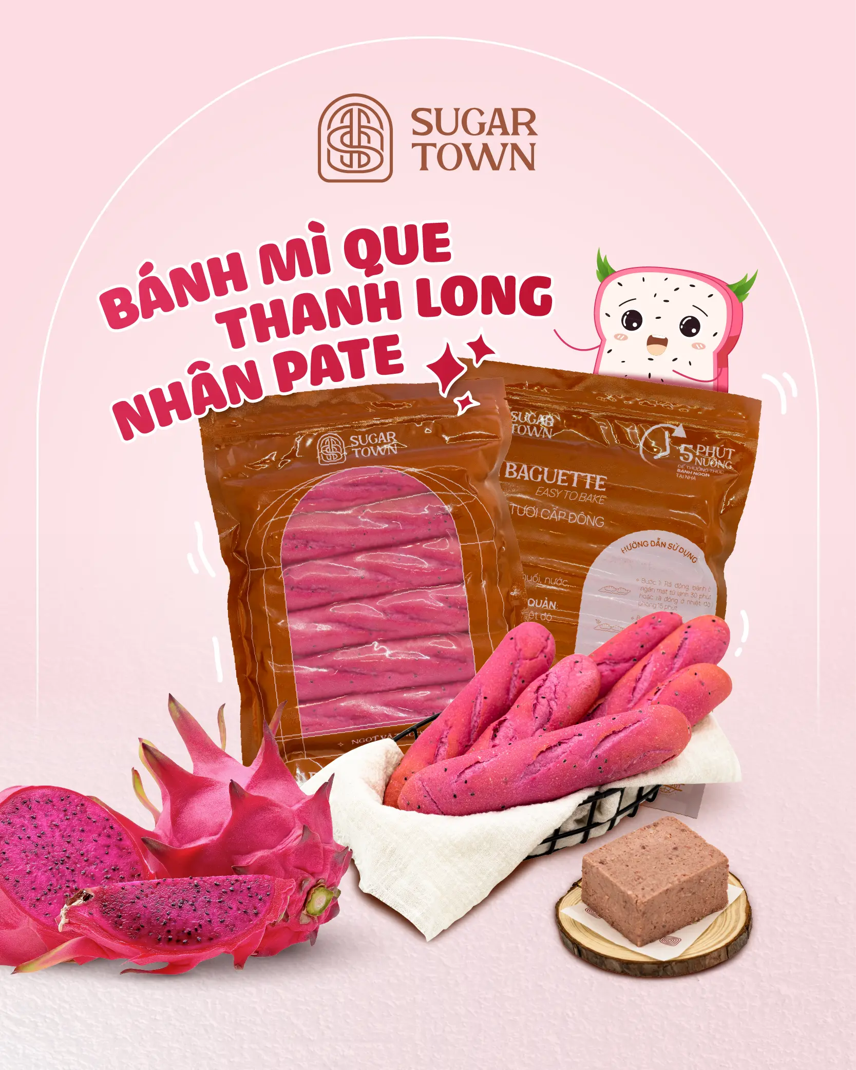 Bánh Mì Que Thanh Long Nhân Pate (Set 6 cái) Sugar Town - Bánh Tươi Cấp Đông