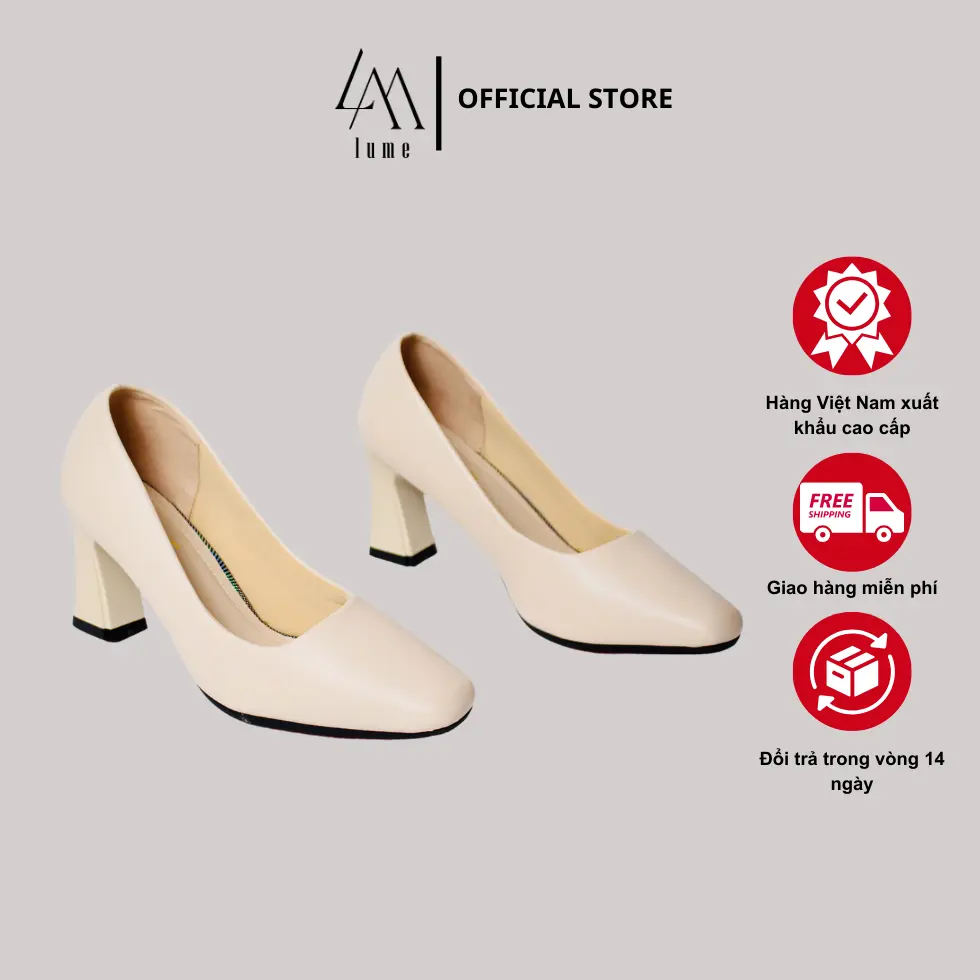 Giày cao gót nữ mũi VUÔNG màu kem và đen Lume 05 da PU cao cấp, đế cao su non chống trơn trượt, đế cao 5cm - 7cm_GiàY DéP Shoes Women