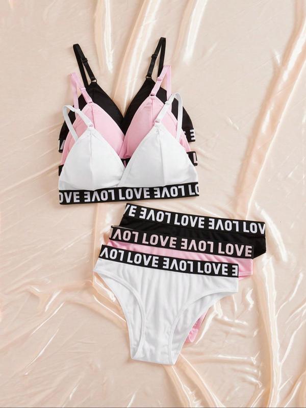 Women's Letter Tape Ribbed Underwear Set, Casual Comfy Breathable Wireless Push Up Triangle Bra & Knicker Set, Lingerie Set for Women 4