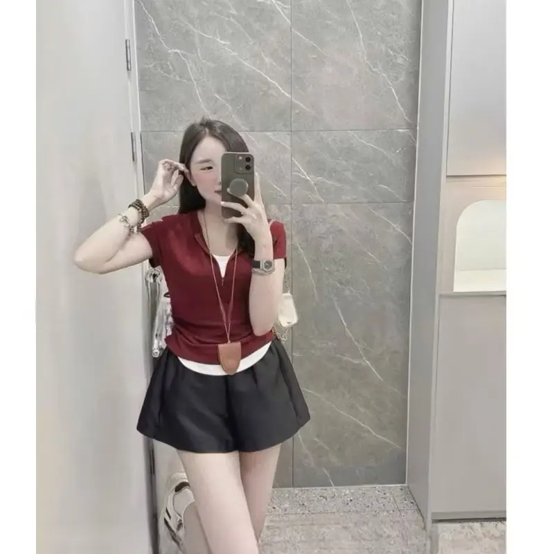 Áo thun zip chất mềm kéo khoá cộc tay co giãn 2 lớp TOP Women