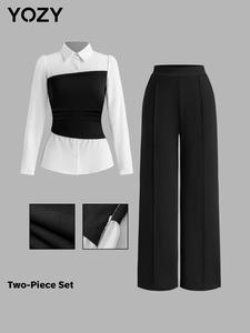 YOZY Women's Colorblock Button Front Top & Wide Leg Pants Two-piece Set, Casual Long Sleeve Top & Trousers for Daily Wear, Ladies Two-piece Outfits for Spring Fall