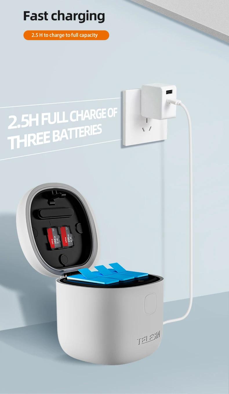 Product Introduction of Bateri untuk GoPro Hero 9 10 11 12, TELESIN, Bateri 1750mAh, 3 Slot, Bahan Silikon, Kalis Kejutan, Kalis Air, Kotak Pengecasan, dengan Pembaca Kad TF 23