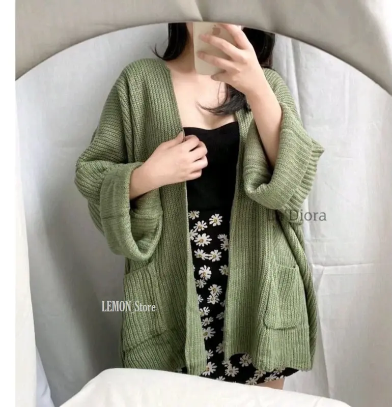 LAVELA Cardigan Rajut Jumbo XXL 3XL 4XL - oversize - Kardigan- lengan panjang - OUTER- cardy-big size-COD Wanita Simple Knitwear Atasan Baju Basic Batwing Hitam Top Kancing Sweater 1