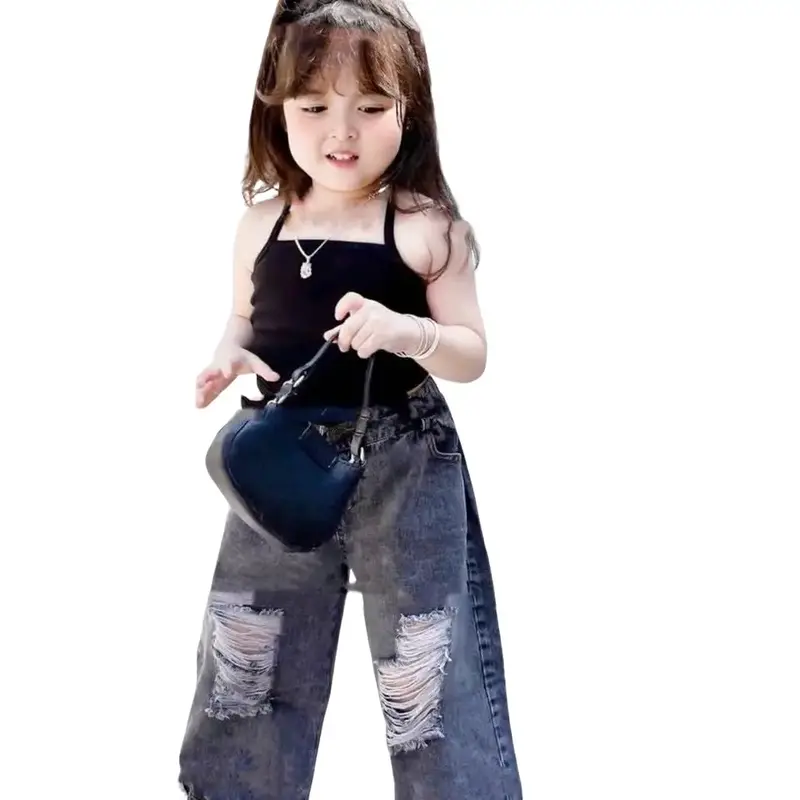 Bộ bé gái - Áo 2 dây kèm quần bò xuông rách 8-30kg - Elsakids 0