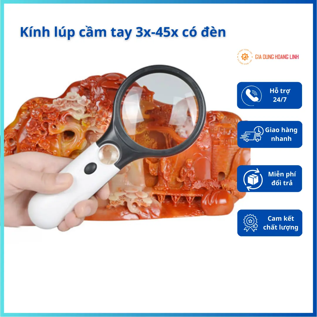Kính lúp cầm tay 3X-45X với 2 thấu kính riêng biệt, tích hợp đèn led đọc sách, sửa chữa đồng hồ, điện tử
